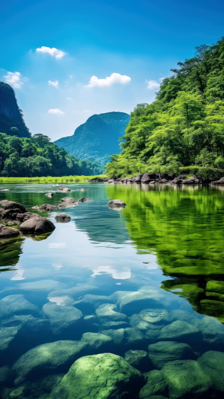 Serene landscape video with a low-angle view of a tranquil river, lush green trees, and distant