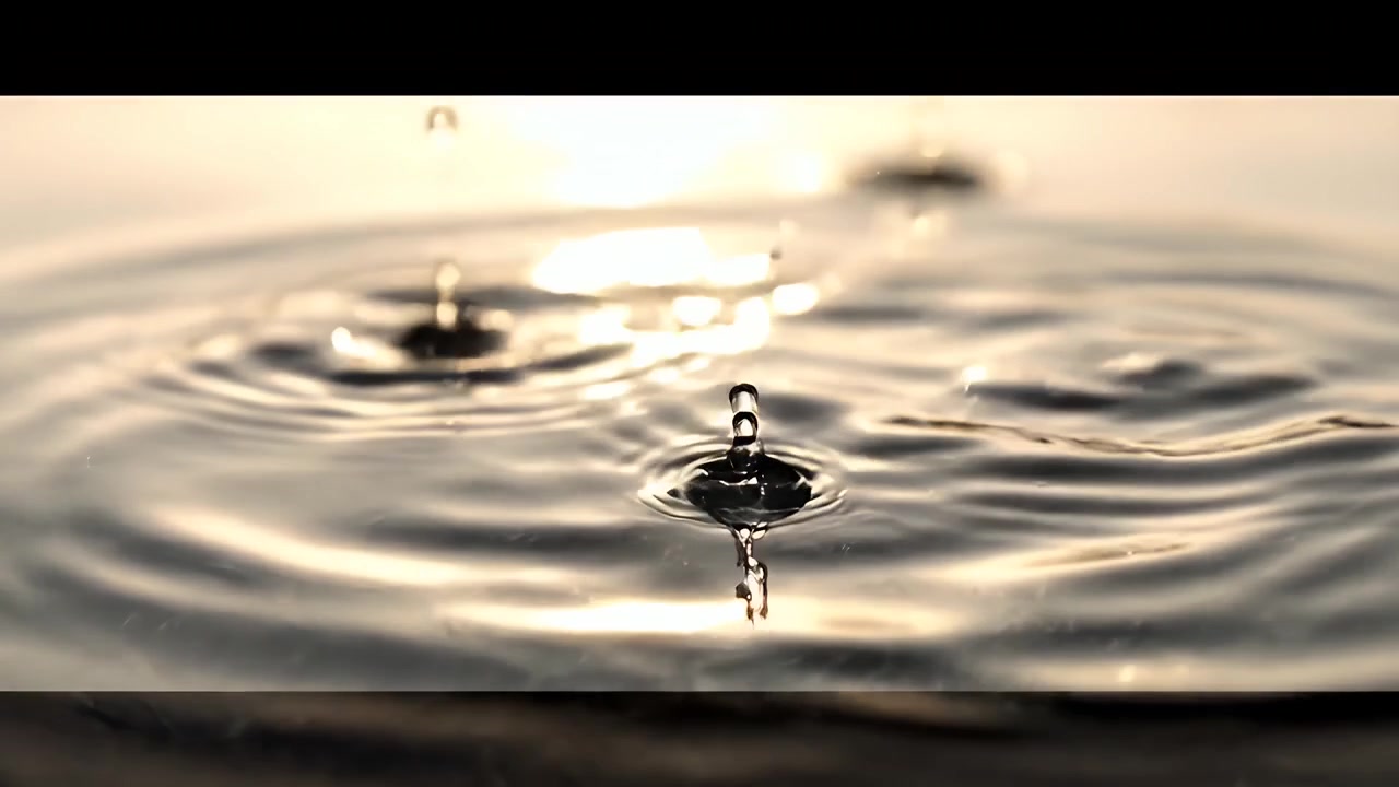 Raindrops Falling Into Calm Water Surface at Sunset