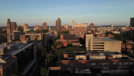 New-Haven,-Connecticut-skyline-wide-shot-with-drone-video-moving-sideways