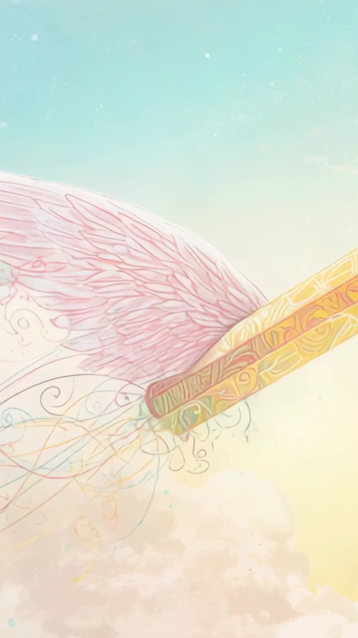 Vertical video: Entering view, golden pink winged rod gliding through pastel sky, painting ribbons