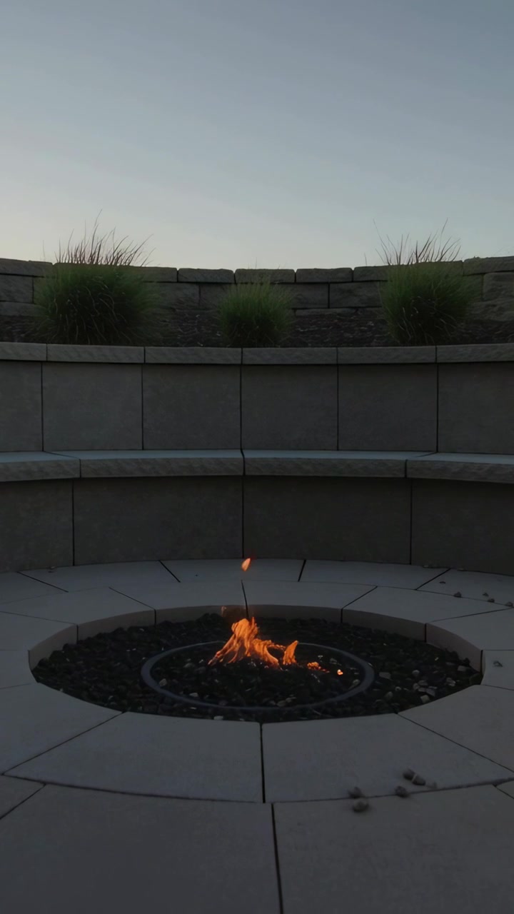 Vertical video: Flickering round fire pit flame rising from burner ring on patio, adding warmth