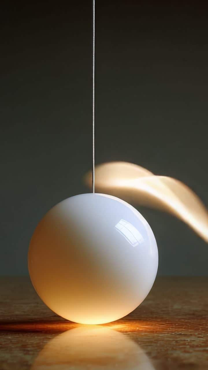 A Captivating Visual Exploration of a White Sphere Illuminated by Soft Light, Swinging Gracefully on a Thin Thread, Displaying Dynamic Movement and Glow