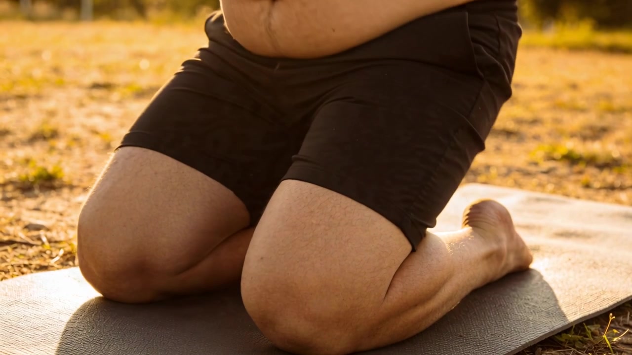 Uomo a torso nudo in pantaloncini neri che si sposta dalle ginocchia in uno stretching in avanti su un tappetino in un campo illuminato dal sole.
