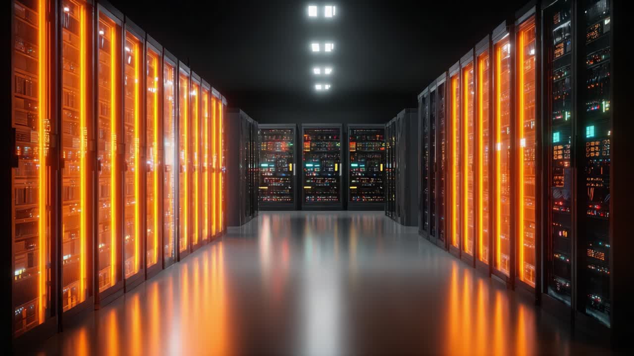 Futuristic Data Center Environment Showcasing High-Tech Server Racks and Vibrant LED Lighting in a Darkened Room, Highlighting Modern Computing Infrastructure