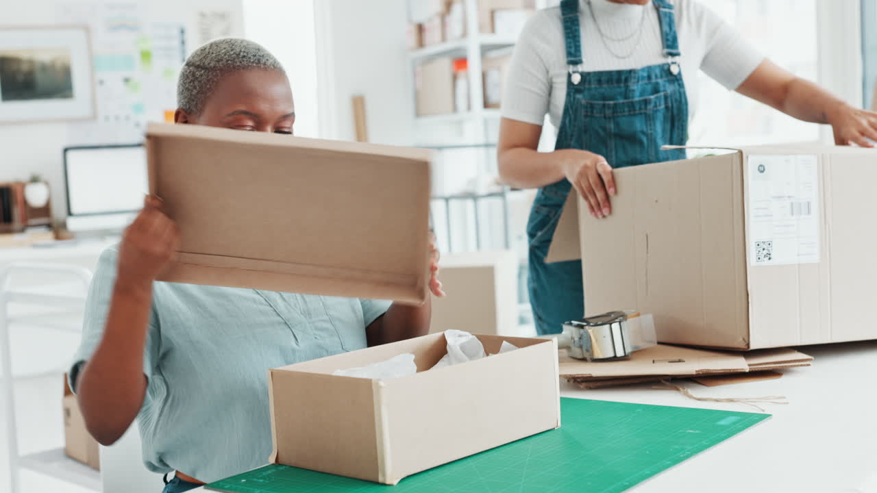 Startup, shop and entrepreneur packing a box