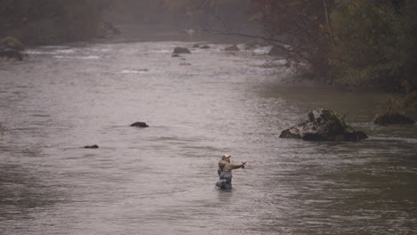 fly fisherman on a misty autumn river