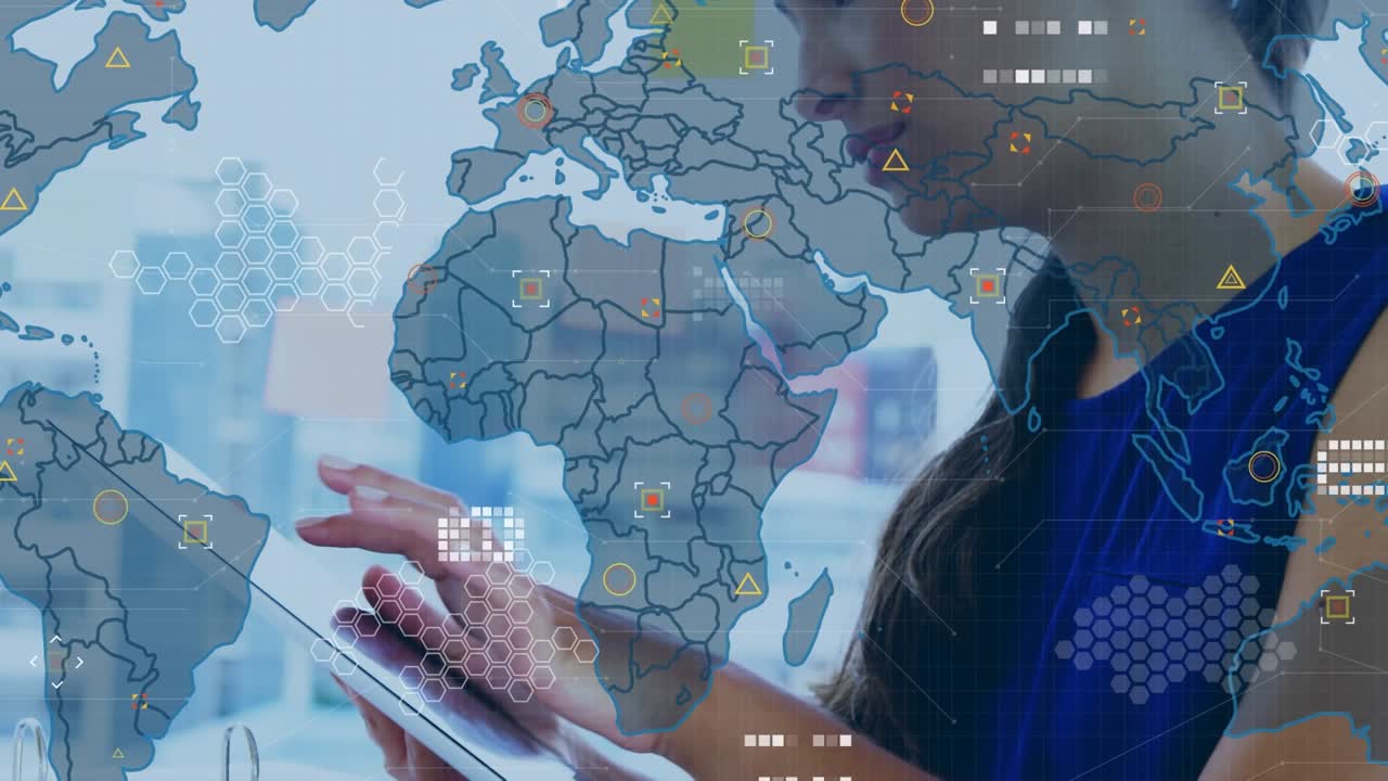 Animation of world map over hands of woman using tablet