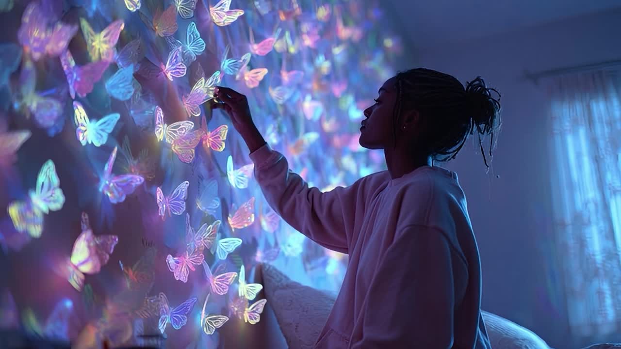 Person interacting with vibrant butterfly decorations on the wall