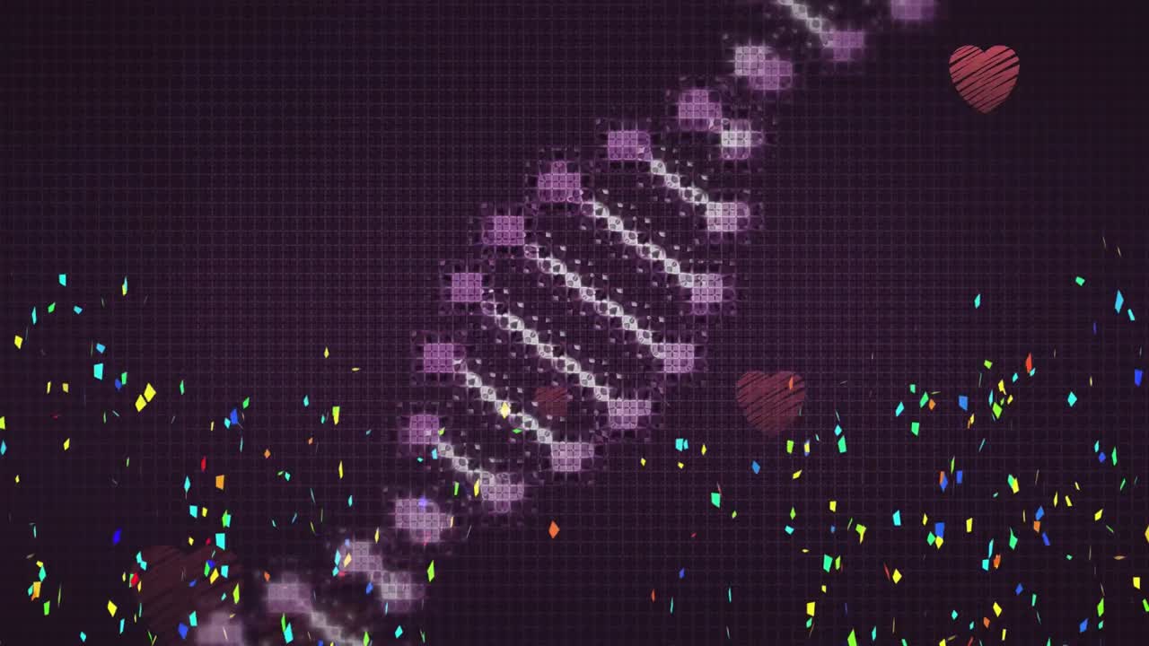 ⁇ 은 심장 아이콘에 대해 회전하는 dna 구조 위에 떨어지는 콘페티의 디지털 애니메이션