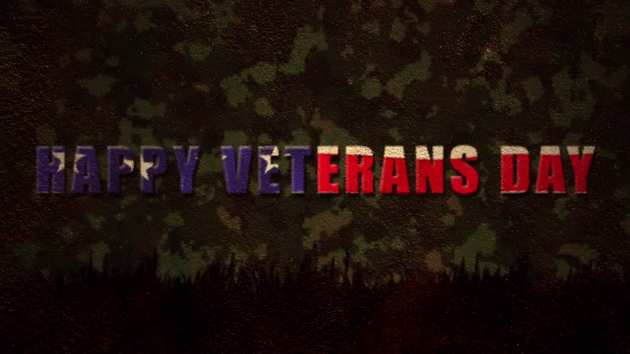 Digitally generated video of Happy Veterans Day text against camouflage background