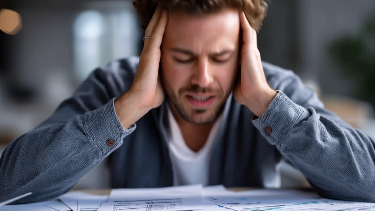 Un uomo prova stress e frustrazione mentre lotta con pensieri ed emozioni opprimenti a una scrivania, riflettendo le pressioni della vita quotidiana e della salute mentale