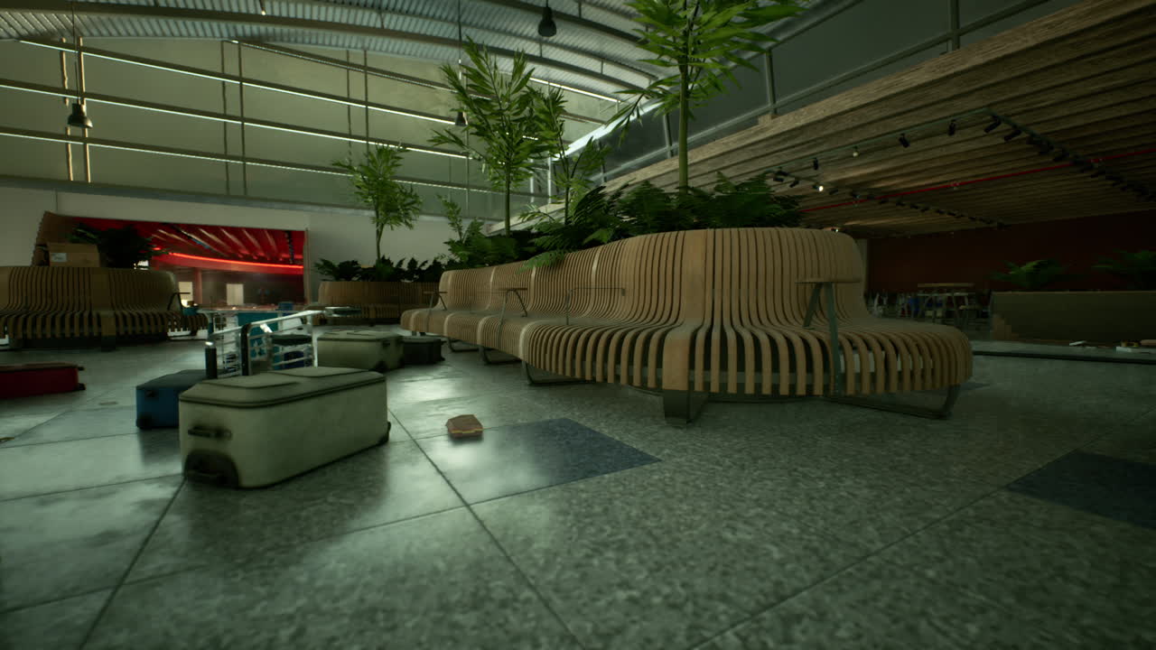 Exploring an abandoned airport terminal with overgrown seating during twilight