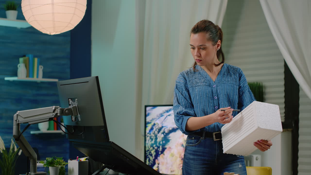 Architect holding maquette in hand using touch screen computer