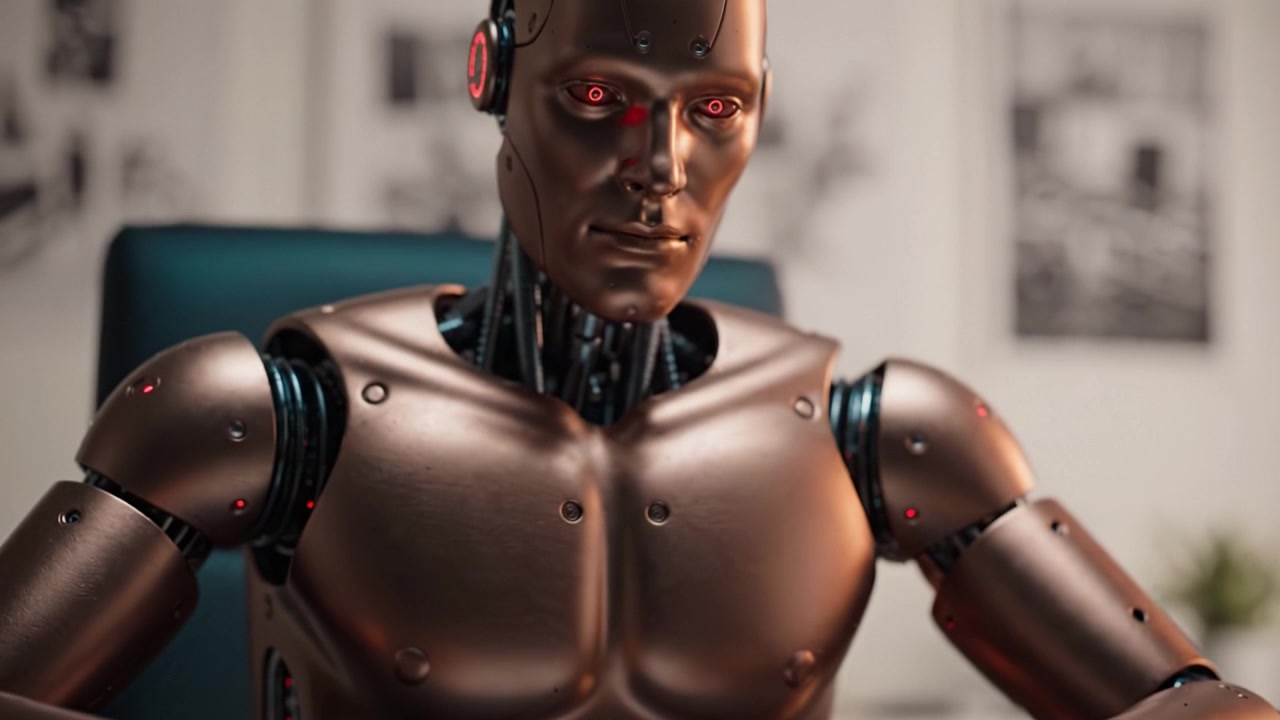 En futuristisk robot fordybet i tanker, mens den observerer en notesbog med indviklede detaljer på sit design, der fremviser avanceret robotteknologi