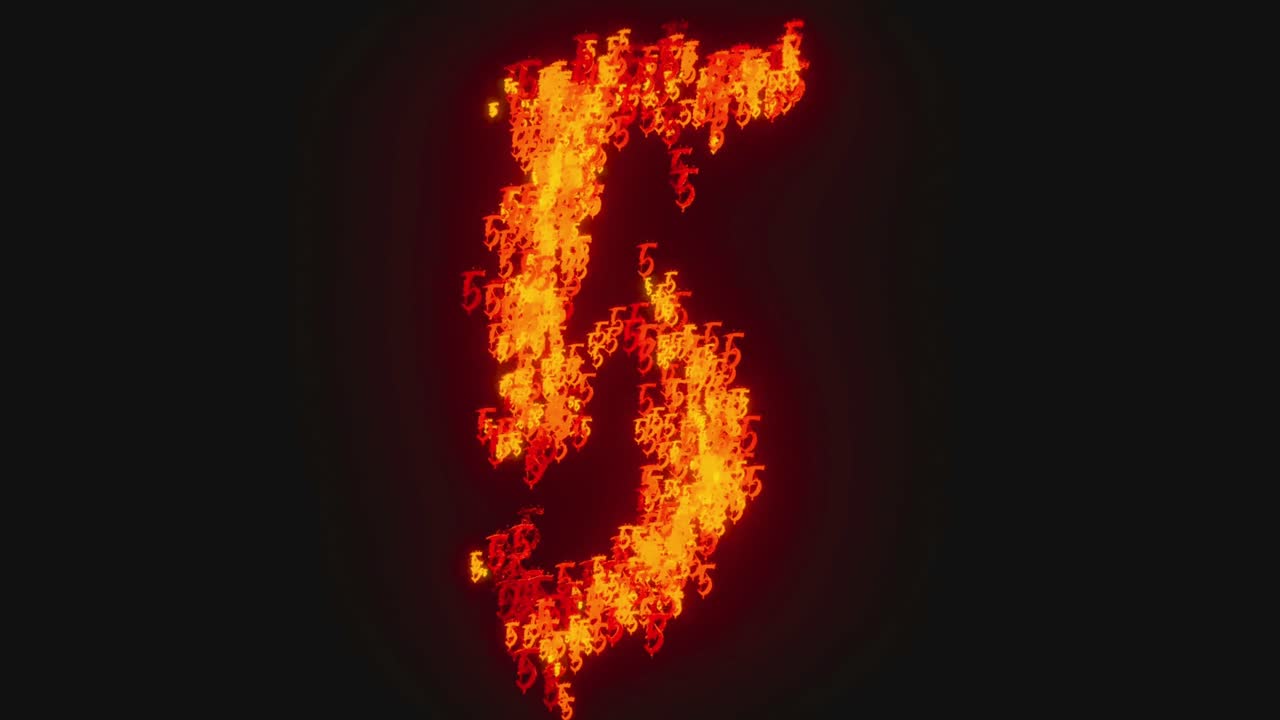 Digital nedtælling med glødende, flammende tal på sort baggrund