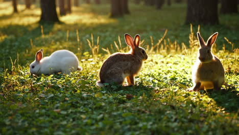 three rabbits in a sunny forest