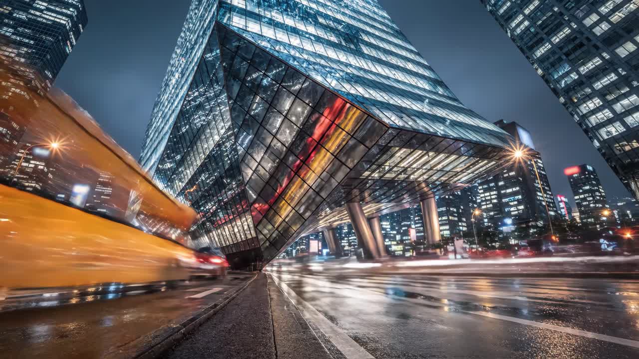 Modern Cityscape at Night with Motion Blurred Traffic