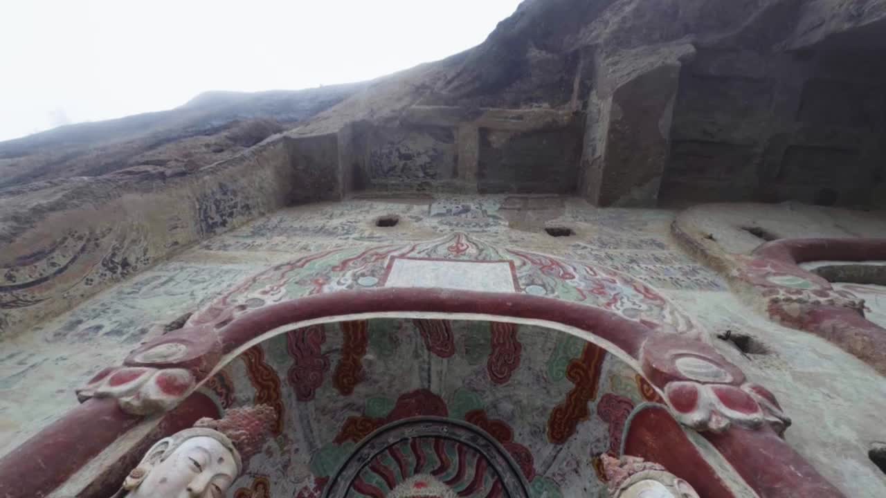 Reveals Buddhist Sculptures, Oriental Sculpture Museum Within Maijishan Grottoes In Tianshui, Gansu Province, China. Tilt-down Shot