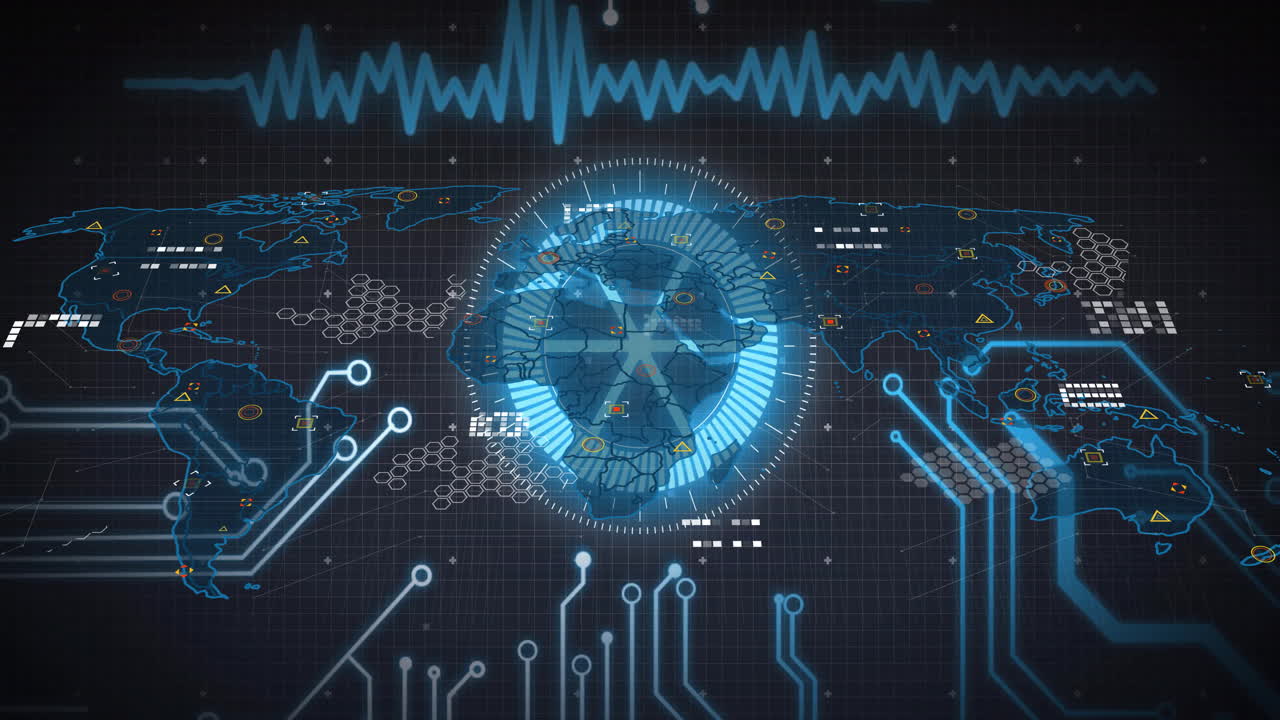 Digital world map with circuit patterns and data processing animation