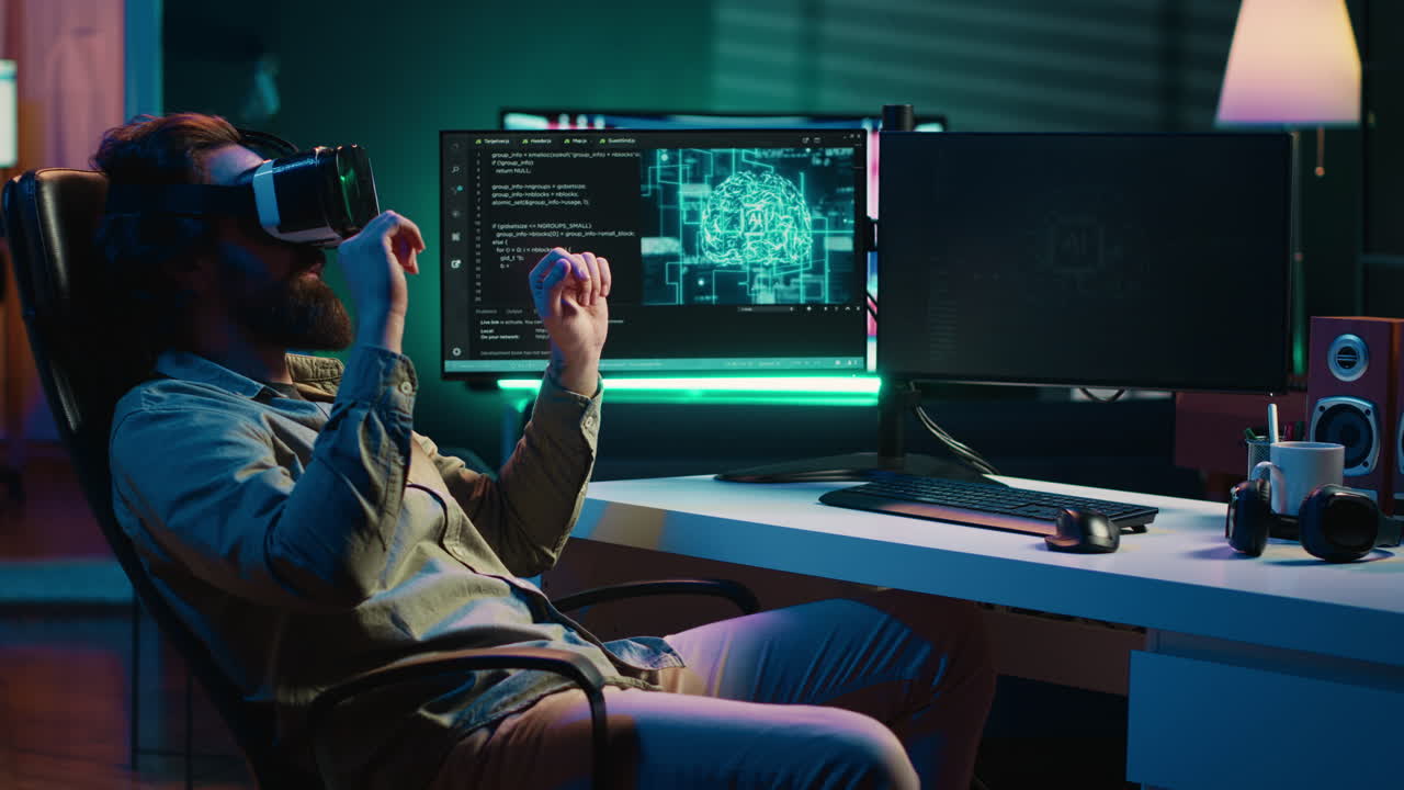 Man with VR glasses on happy after achieving AI superintelligence,