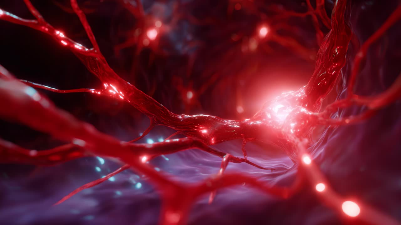 Indviklet visualisering af neuronale baner, der fremhæver den komplekse sammenhæng og dynamiske natur af neurale netværk i et fantastisk abstrakt miljø