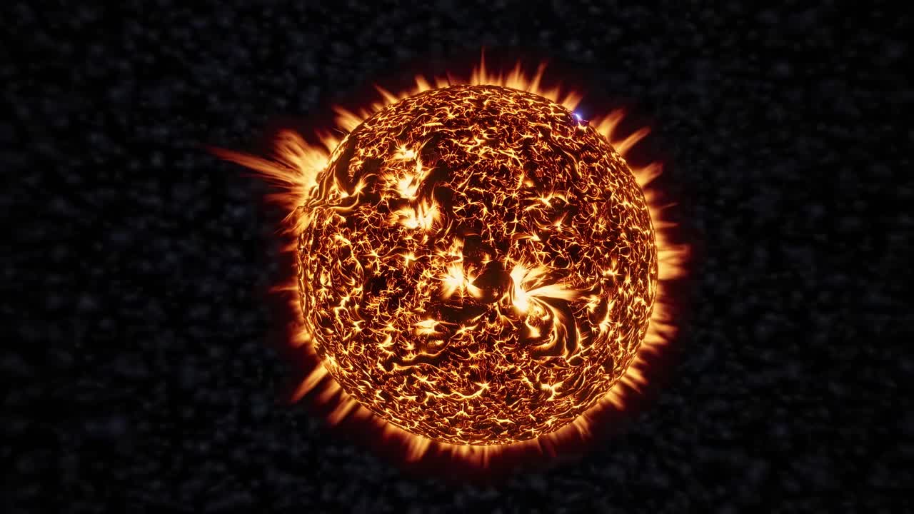 En videovisning set oppefra af en flammende, animeret sol med glødende udbrud mod en mørk stjernehimmel