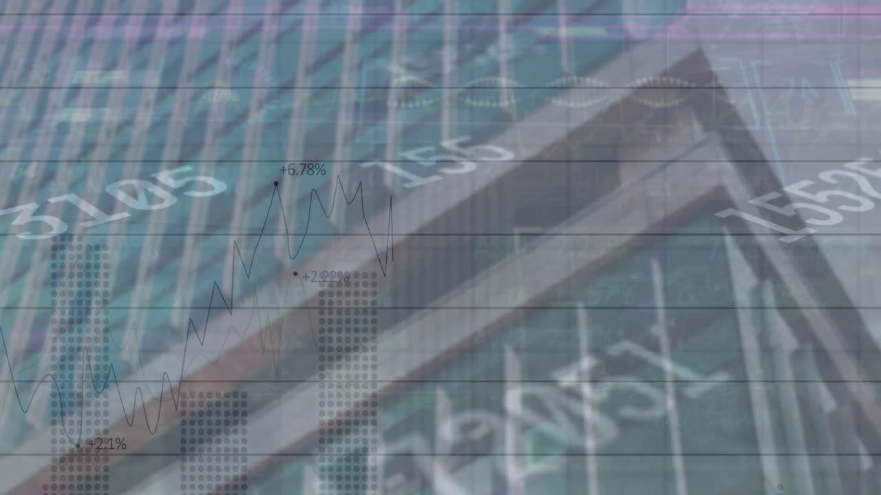 animación de números y procesamiento de datos financieros en el paisaje urbano