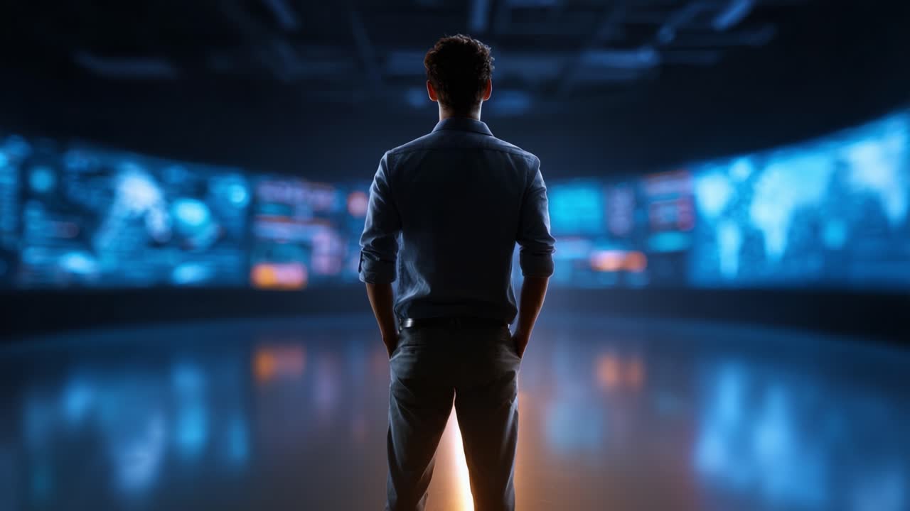 Una figura contemplativa si erge in un ambiente high-tech, osservando diversi schermi che mostrano dati e informazioni, suggerendo temi legati alla tecnologia e all'analisi