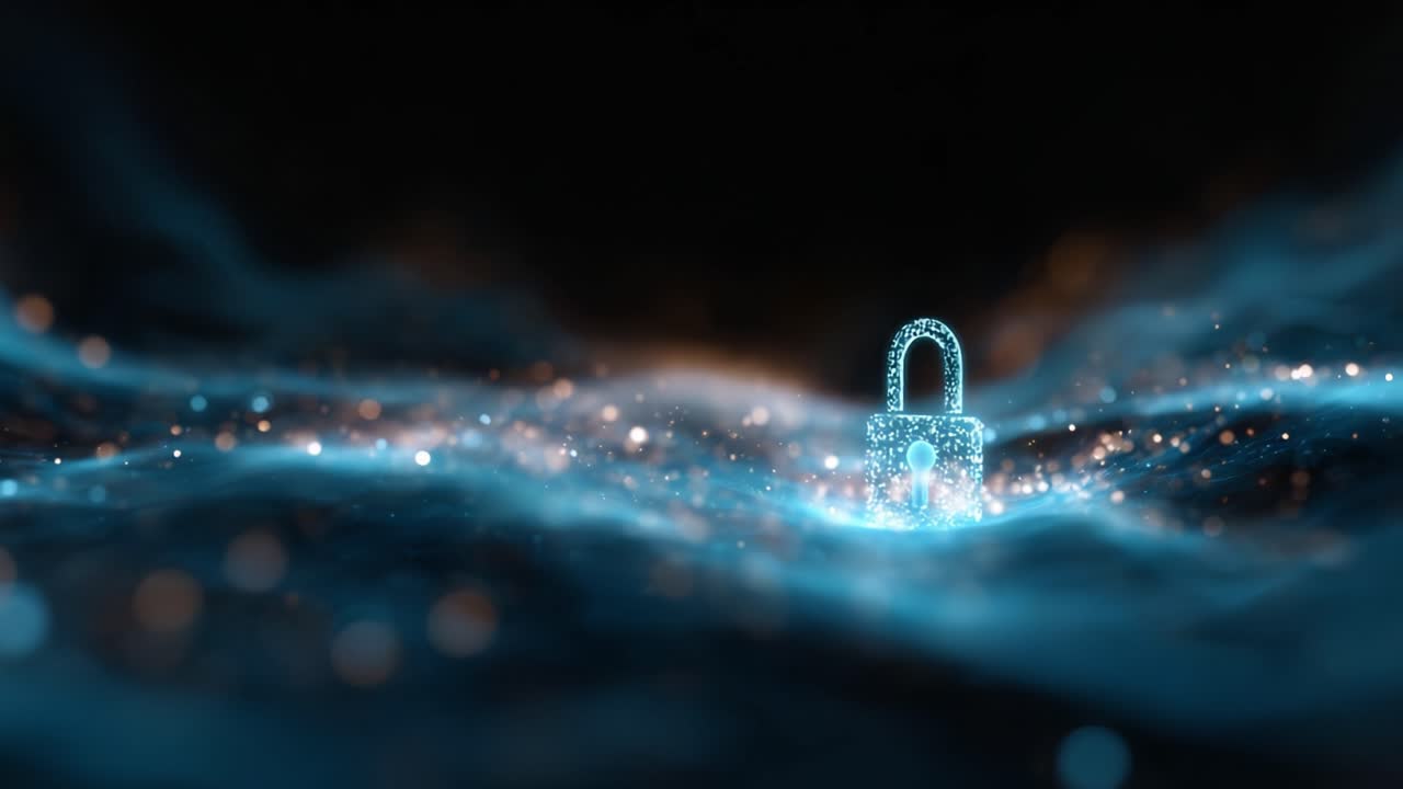 A shimmering digital lock glowing amidst an ethereal wave of blue and golden particles, representing cybersecurity, data protection, and modern encryption techniques