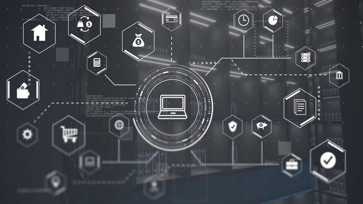Digital icons and data processing animation over server room background