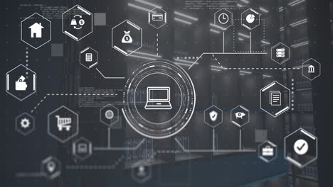 iconos digitales y animación de procesamiento de datos en el fondo de la sala del servidor