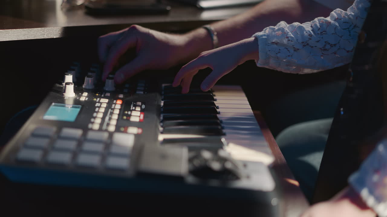 el niño toca el sintetizador con el instructor durante la lección. el estudiante explora el instrumento musical mientras el mentor configura la consola. habilidad de tocar el instrumento