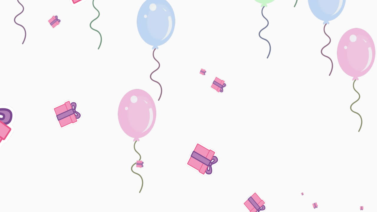 animación de globos que caen y regalos sobre un fondo blanco