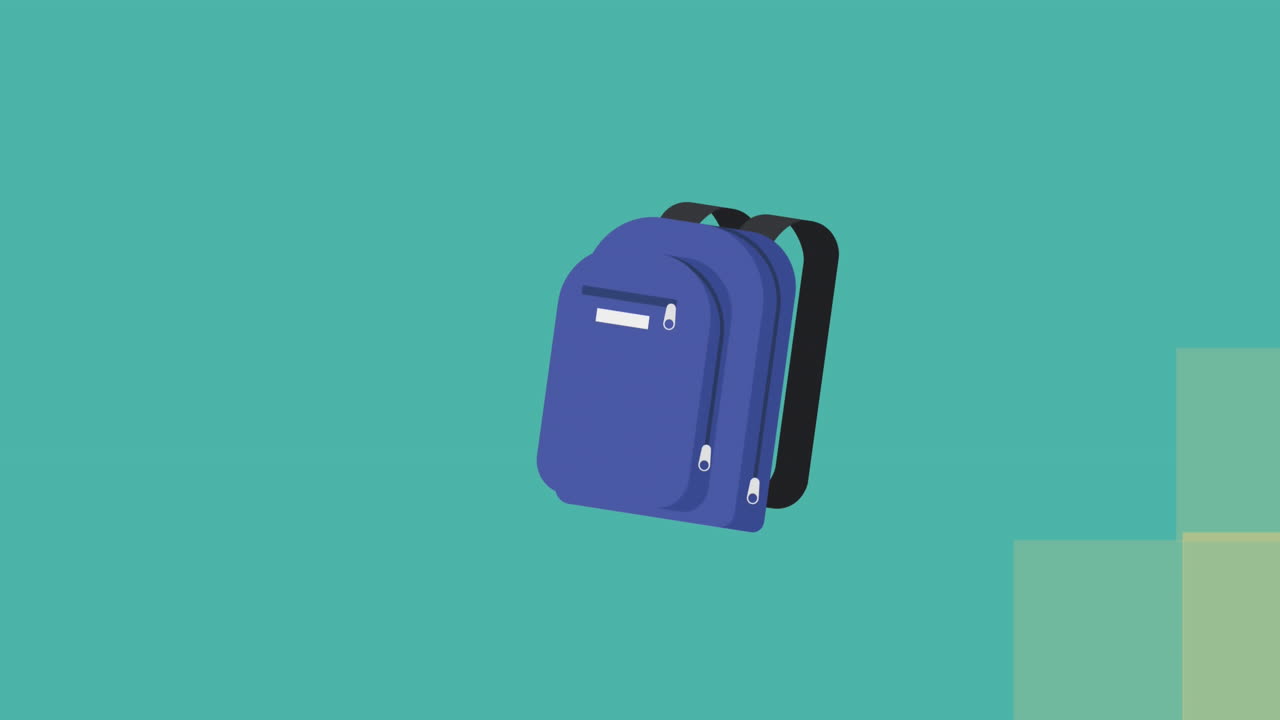 Animasi ikon tas sekolah mengambang di atas latar belakang biru bertekstur kotak-kotak