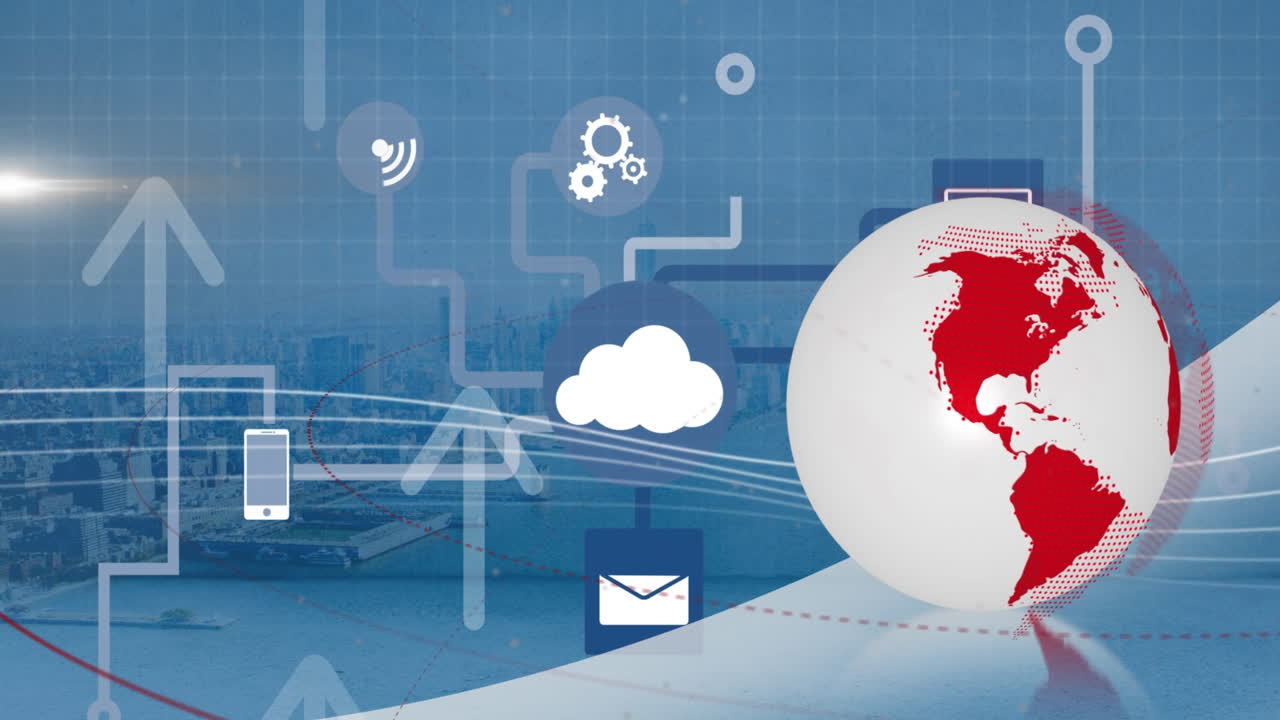 animación de globo giratorio, iconos de flecha y red de iconos digitales sobre una vista aérea del paisaje urbano.