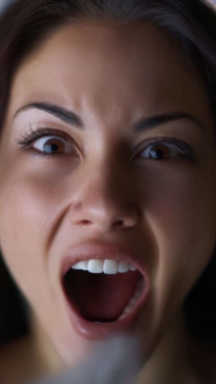 Intense Emotional Expression of a Woman's Face Captured in Frontal View, Highlighting a Moment of Anguish or Anger with Open Mouth and Powerful Eye Gaze