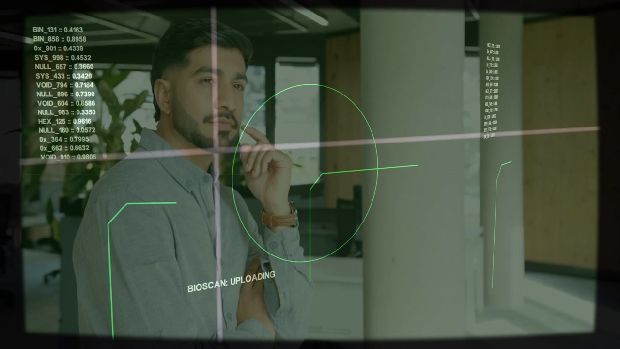 Office pro touching chin in tech office HUD appearing, BIOSCAN: UPLOADING reticle centering on face