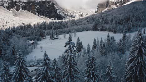 Una-Vista-Aérea-Del-Cirque-Du-Fer-à-Cheval-Mientras-Está-Cubierto-De-Nieve-Durante-Un-Frío-Invierno,-Volando-Hacia-La-Pista-De-Esquí-Nórdico-Para-Inclinarse-Hacia-Arriba-Y-Revelar-El-Profundo-Valle-Helado-De-Nieve-De-Sixt