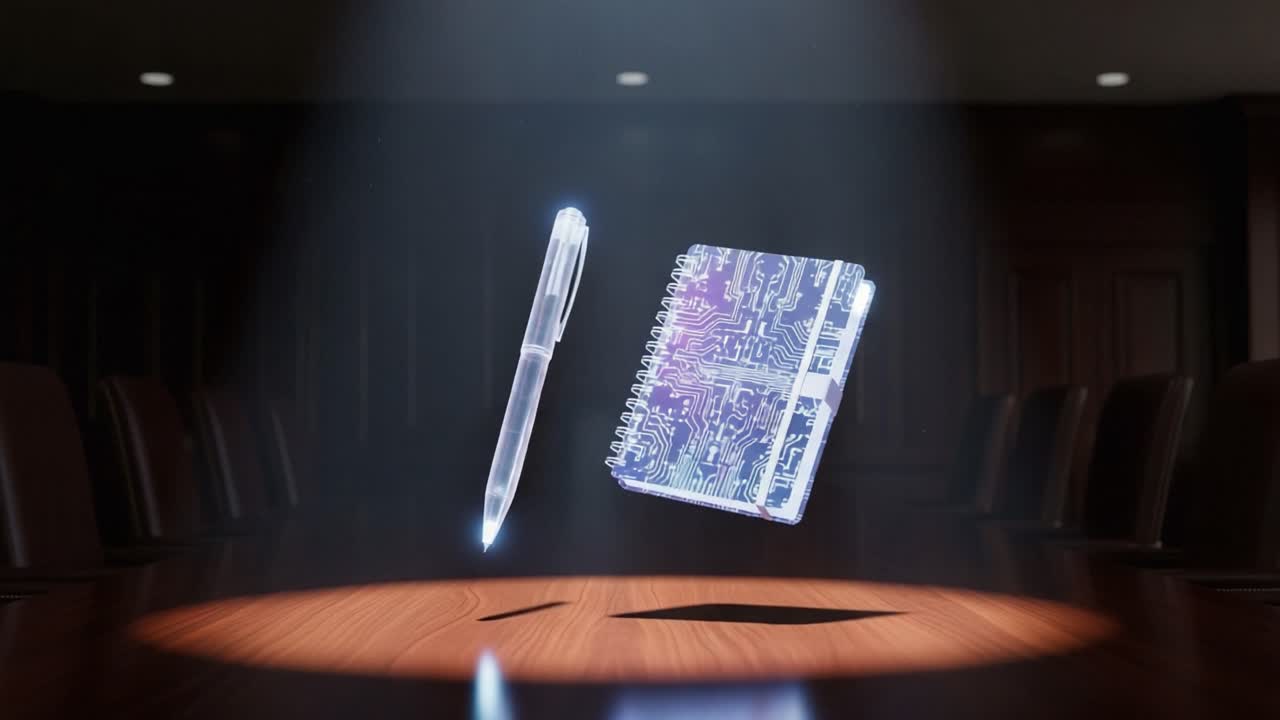 A High-Tech Interactive Presentation Featuring a Pen and Notebook in a Dimly Lit Conference Room, Showcasing Innovative Ideas and Digital Concepts