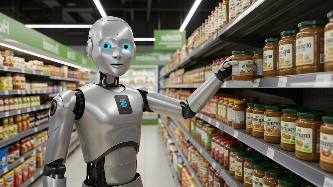 A Futuristic Robot Assisting Customers in a Grocery Store Aisle, Exploring Different Products on the Shelves with an Engaging Presence and Advanced Technology