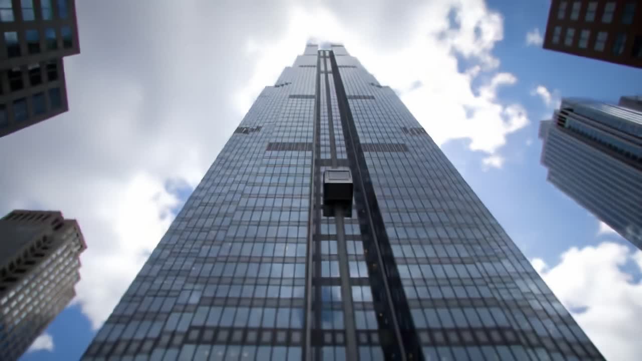 Standing at the base of a towering skyscraper, the camera looks up, capturing the impressive height and architectural details against a vibrant blue sky.