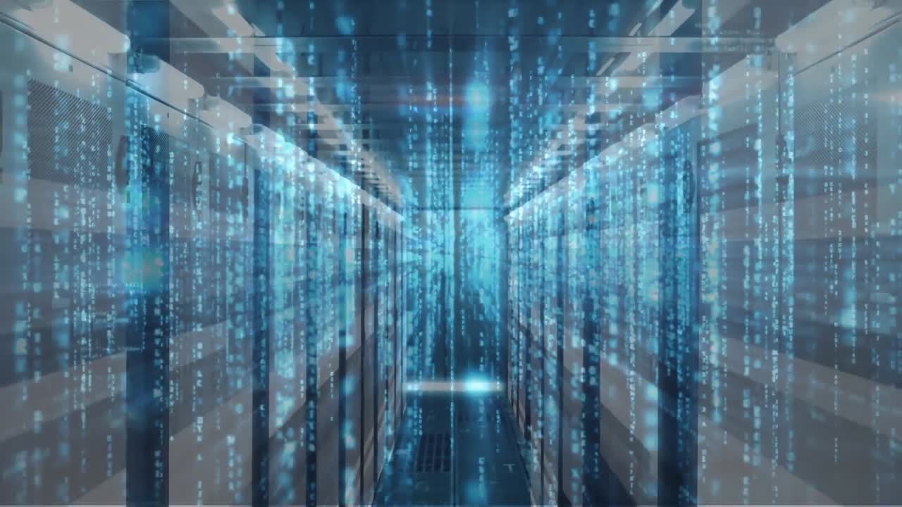 Animation of data processing and light trails against computer server room