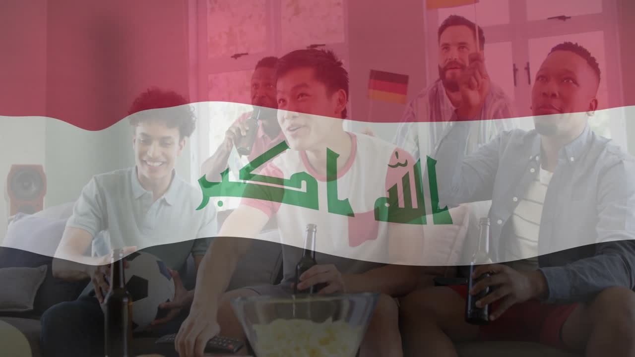 Watching animation of sports, diverse friends with Iraq flag overlay