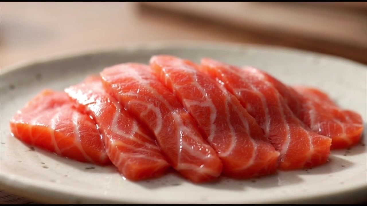 Fette fresche di sashimi di salmone crudo su un piatto di ceramica