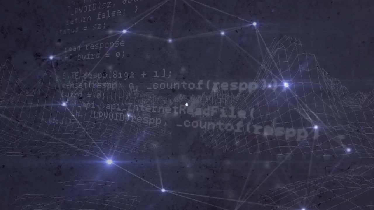 Animation of connected icons and dots against programming language in background