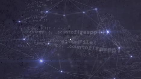 animation of connected icons and dots against programming language in background