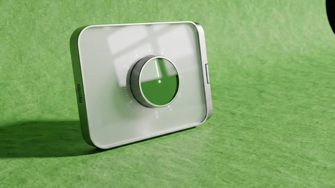 Un dispositivo moderno con un quadrante circolare e uno sfondo verde vibrante, che mostra il suo design elegante e la funzionalità raffinata in un ambiente visivamente accattivante