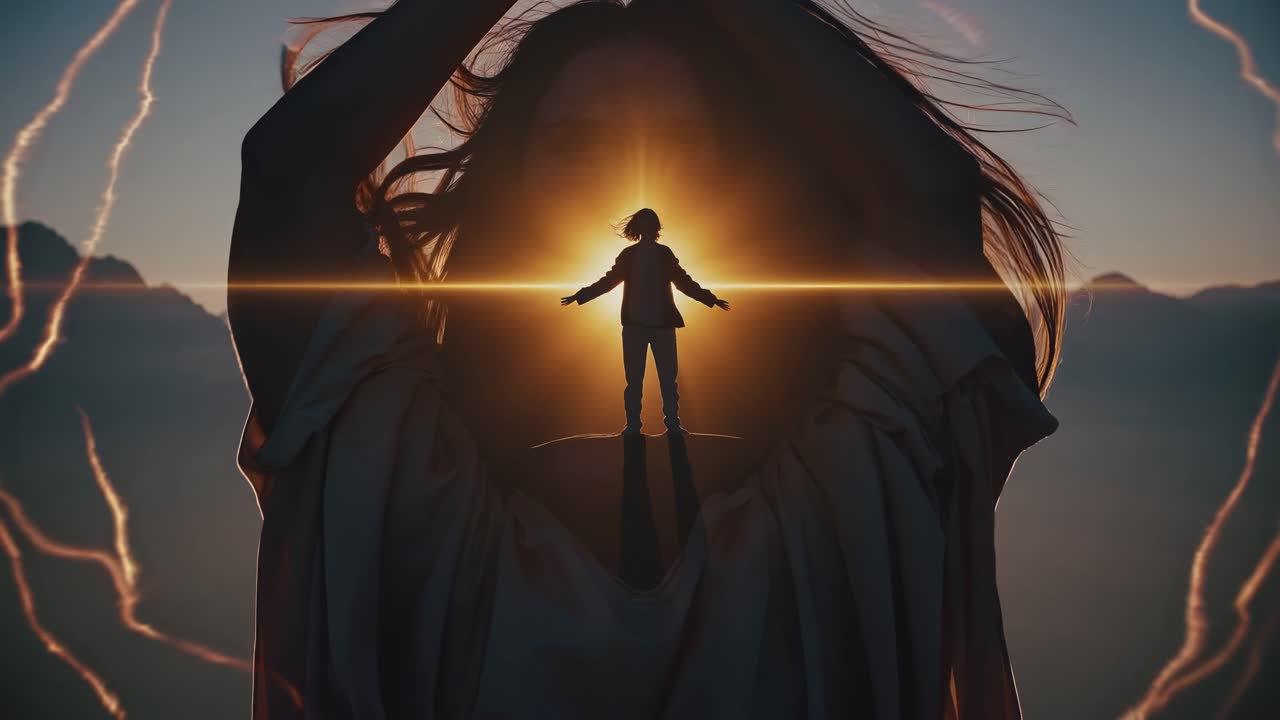 Woman raising arms in a yoga pose, surrounded by majestic mountains at sunrise, radiating a glowing aura in a double exposure silhouette, embodying peace and spiritual connection