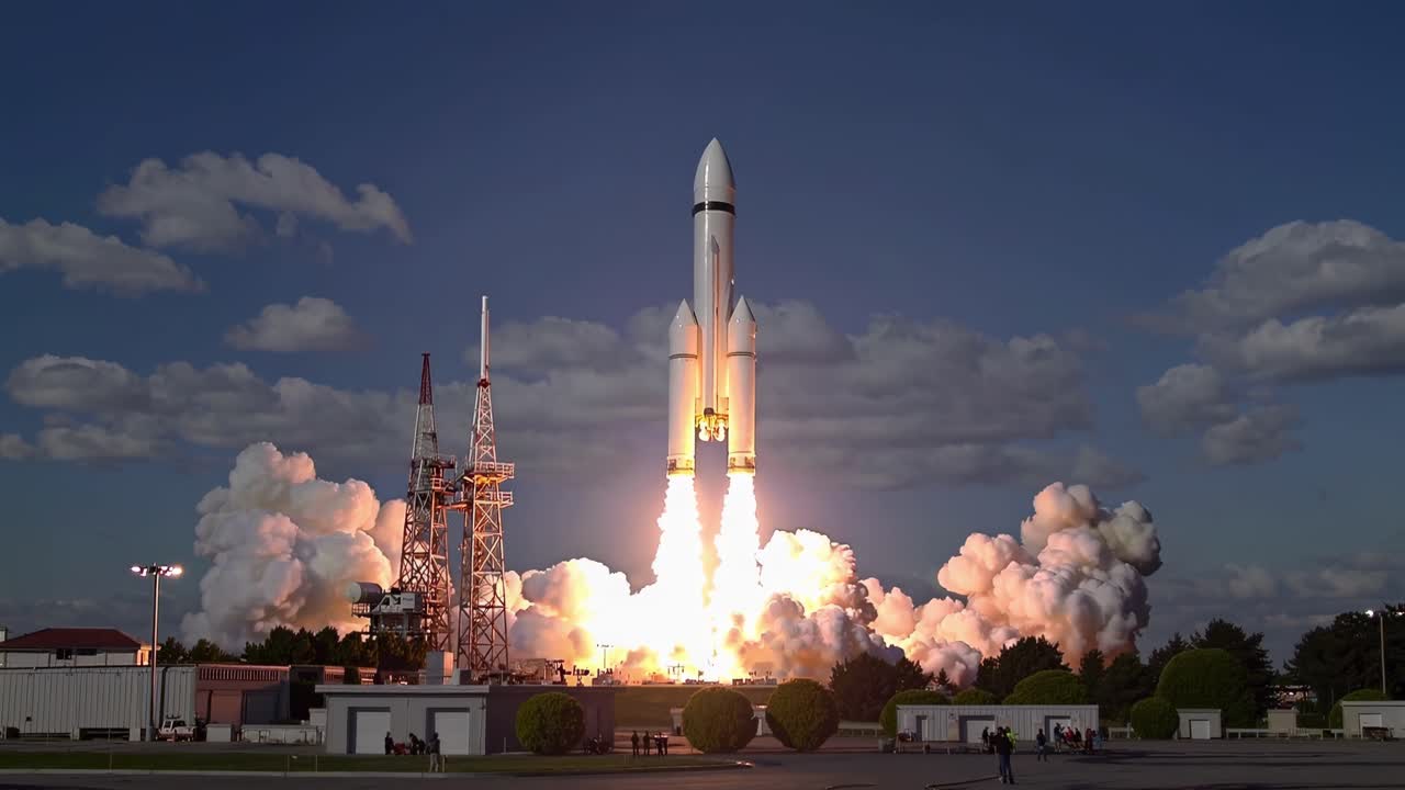 Low-angle video capture of a rocket launch, highlighting the power and scale against a blue sky