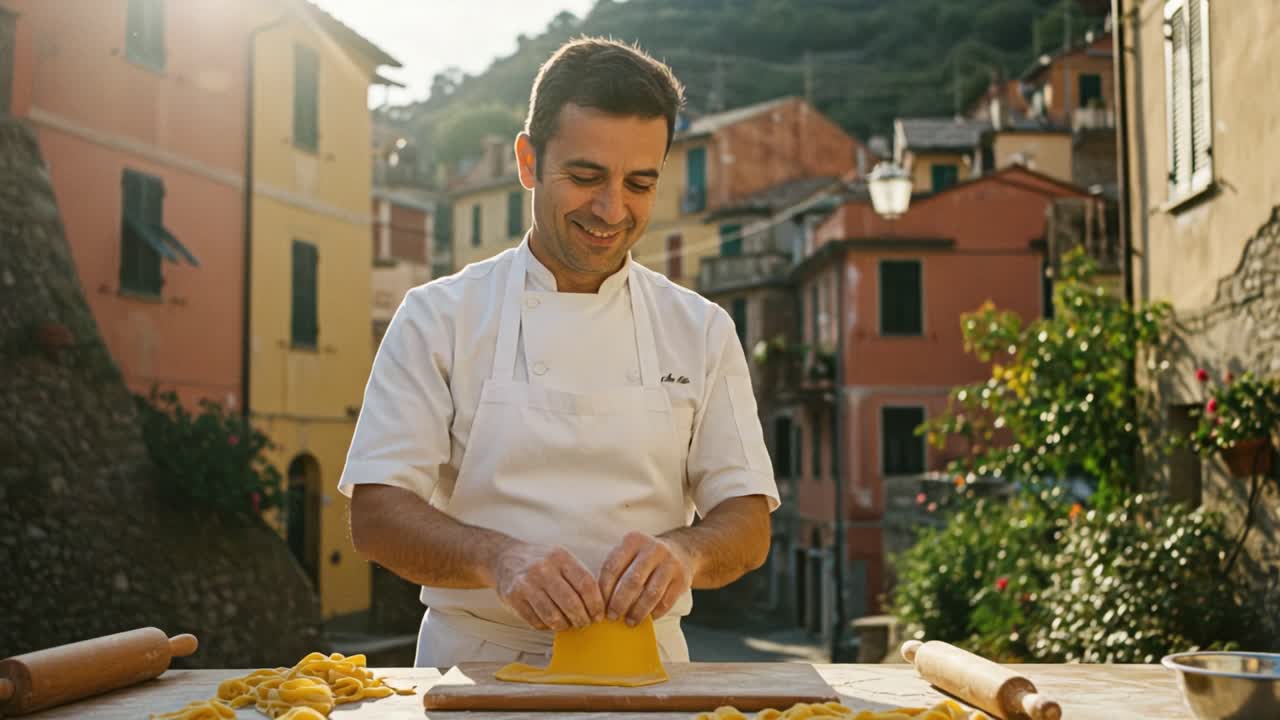 A Passionate Chef Handcrafts Fresh Pasta Outdoors, Embracing Culinary Tradition Against a Charming Village Backdrop